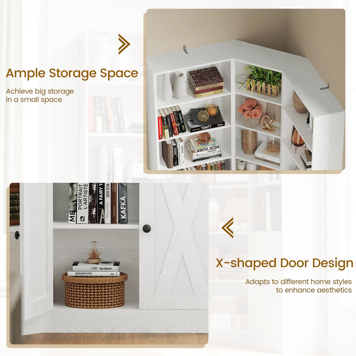 ANCTOR Large Corner Bookcase with 2 Storage Cabinets and 18 Shelves, 7 Tiers L Shaped Wood Bookshelf, 71" Tall Corner Hutch for Living Room, Bedroom, White ANCTOR