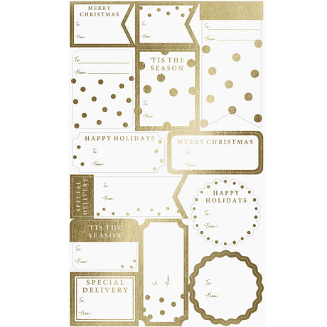 Graphique Shimmering White Gift Labels | 52 Self-Adhesive Christmas Stickers | 13 Designs with Gold Foil Accents | to and from Names | for Holiday Wrapping Paper & Gift Bags Graphique