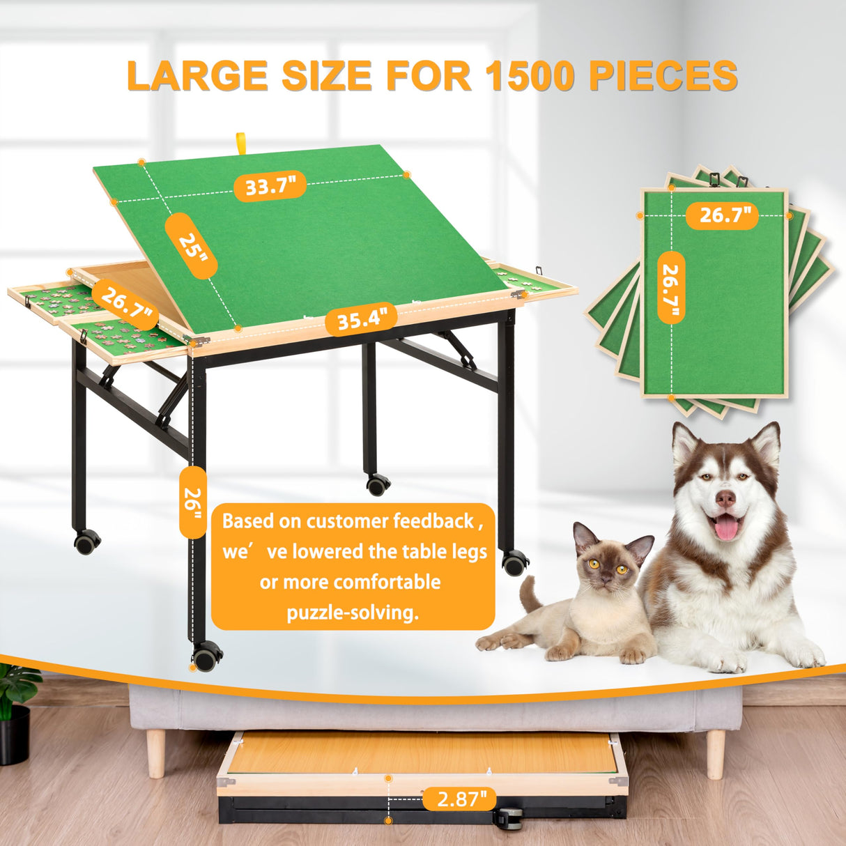 BittPicc Puzzle Table with 4 Drawers & Legs & Cover 1500 Piece Foldable Adjustable Jigsaw Table with Wheels Wooden Portable No Assembly Puzzle Tables for Adults and Seniors Gifts BittPicc