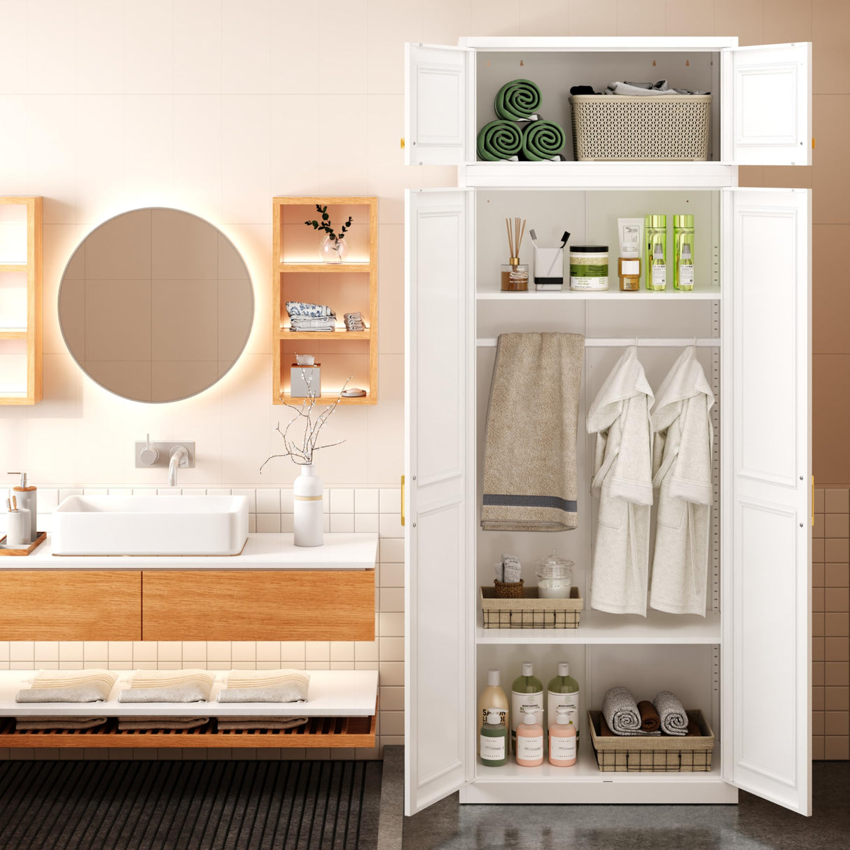 Metal Armoire Wardrobe Closet with Hanging Rod, 86" Tall Metal Clothing Storage Cabinet, White Armoire with Adjustable Shelves MetalMax