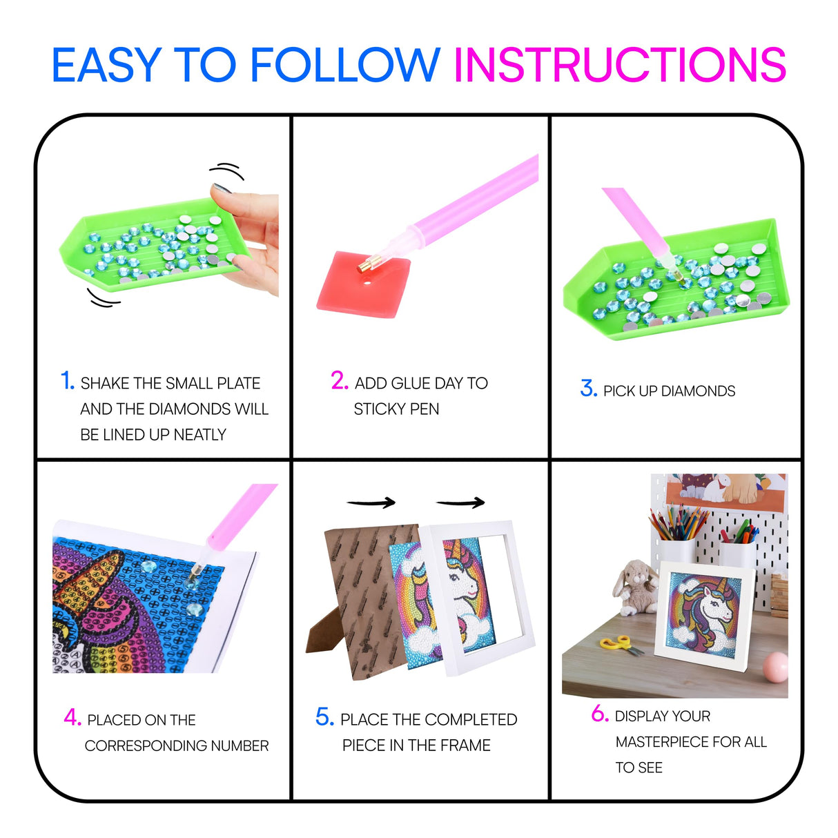 Neliblu Diamond Art for Kids - Enchanting Unicorn Theme - Includes Canvas, Frame, Diamonds, Glue, Tray, and Pen - DIY Arts and Craft Materials - Ideal Gift for Young Artists - 6"x6" Neliblu