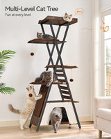 FourFurPets 72.4" Modern Cat Tower for Indoor Cats - Multi-Level Condo With Caves, Tall Tree With Scratching Board, Wooden Tower With Large Perch, Removable Pads, Rustic Brown FourFurPets