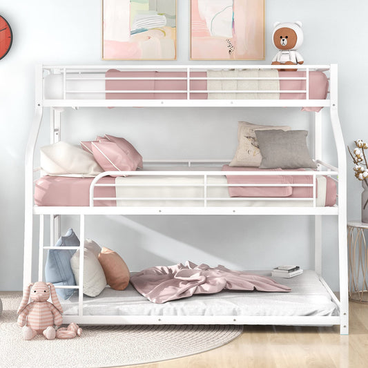 Harper & Bright Designs Metal Triple Bunk Beds,Bunk Beds Twin XL/Full XL/Queen,3 in 1 Triple Bed,Heavy Duty 3 Beds Bunk Bed with Guard Rails & 2 Ladders for Kids,Teens, Adults,White