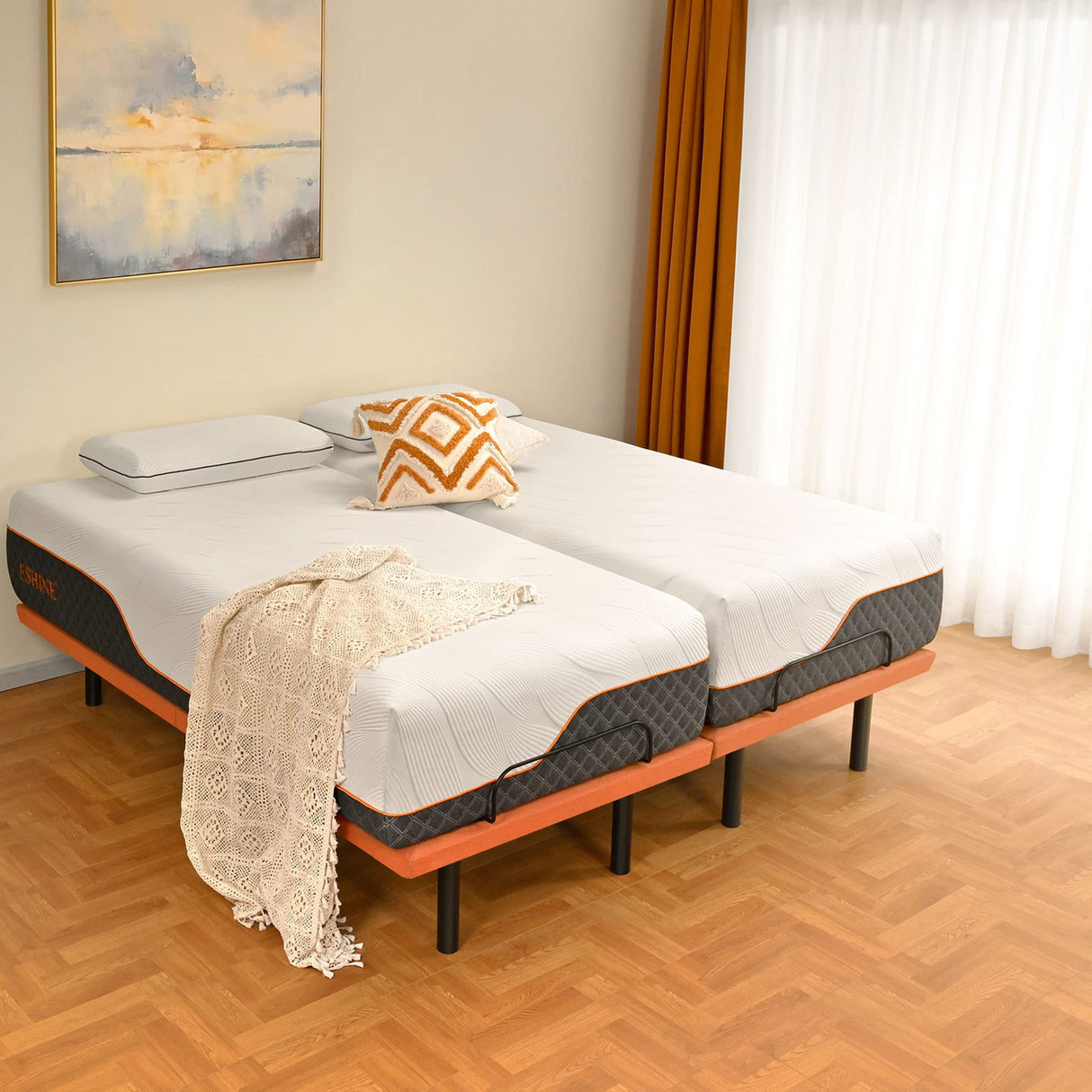 Split King Adjustable Bed Frame with Mattress - 14” Luxury Hybrid Mattress, Smart APP Contorl, Massage, Zero Gravity, Anti-Snore, 5 Minutes Installation, Head and Foot Incline, Medium Soft, Split King ESHINE