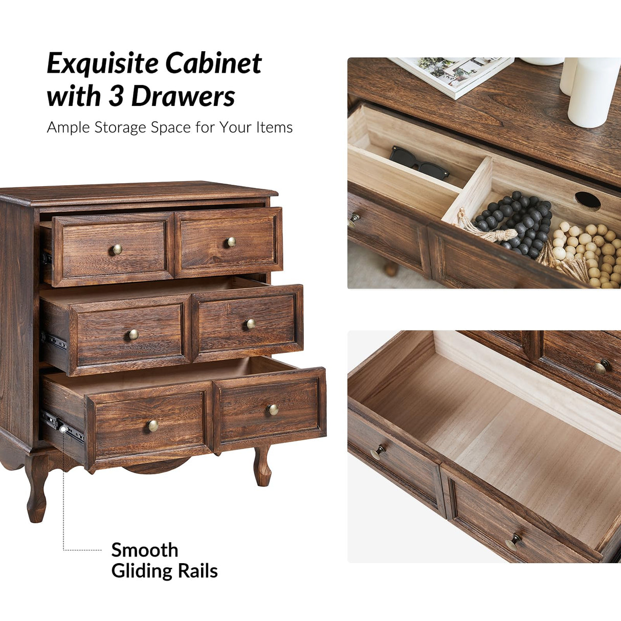 HULALA HOME 3-Drawer Nightstand with Charging Station, Drawer Organizer with Wood Legs, Farmhouse Solid Wood Nightstand(Walnut) HULALA HOME