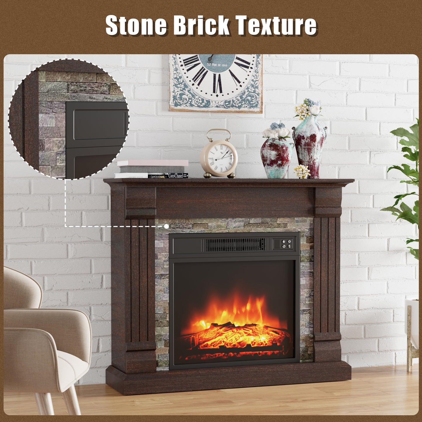 TRONLEE 32" Fireplace Mantel with Stone Brick Textures, 18" Freestanding 1400W Electric Fireplace, Remote Control,Faux Fireplace for Living Room, Study, Bedroom (Walnut, HA230 31.5'' Mantel)