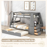 Twin Over Full Bunk Beds with Trundle and Desk Wood Bunk Bed Frame with Three Storage Drawers and One Shelf for Kids Boys Girls Teens, Gray Bellemave