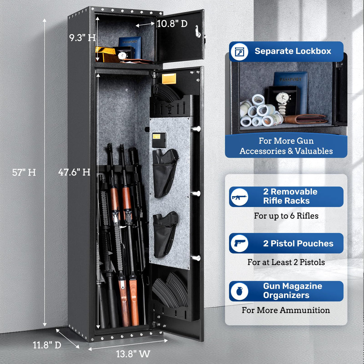 BlackSmith 6 Biometric Gun Safe Rifle 0.1s Quick Access Gun Safes for Home Rifle and Pistols Fingerprint Gun Cabinet Keypad with Separate Lockbox Door Panel Organizer Dual Alarm System BlackSmith