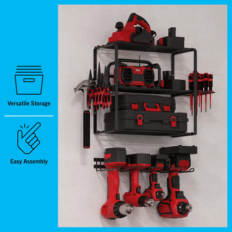 Power Tool Organizer - 4-Tier Garage Shelving Unit with 140lb Max Capacity - Wall Mount Garage Storage System for Tools by Stalwart Stalwart