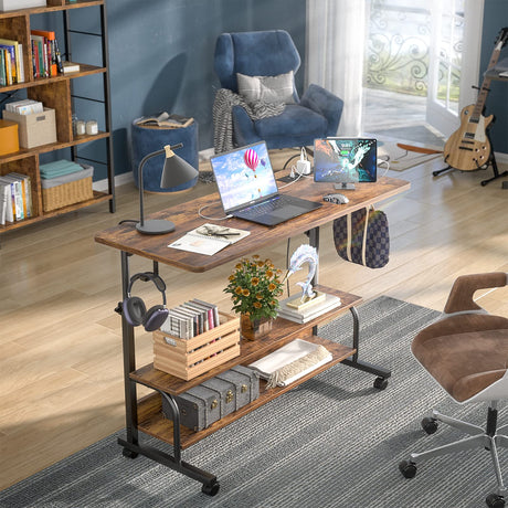Height Adjustable Standing Desk with Power Outlets, 39" Manual Stand Up Desk with Storage Shelves Small Mobile Rolling Computer Desk Portable Laptop Table with Wheels for Home Office, Rustic armocity