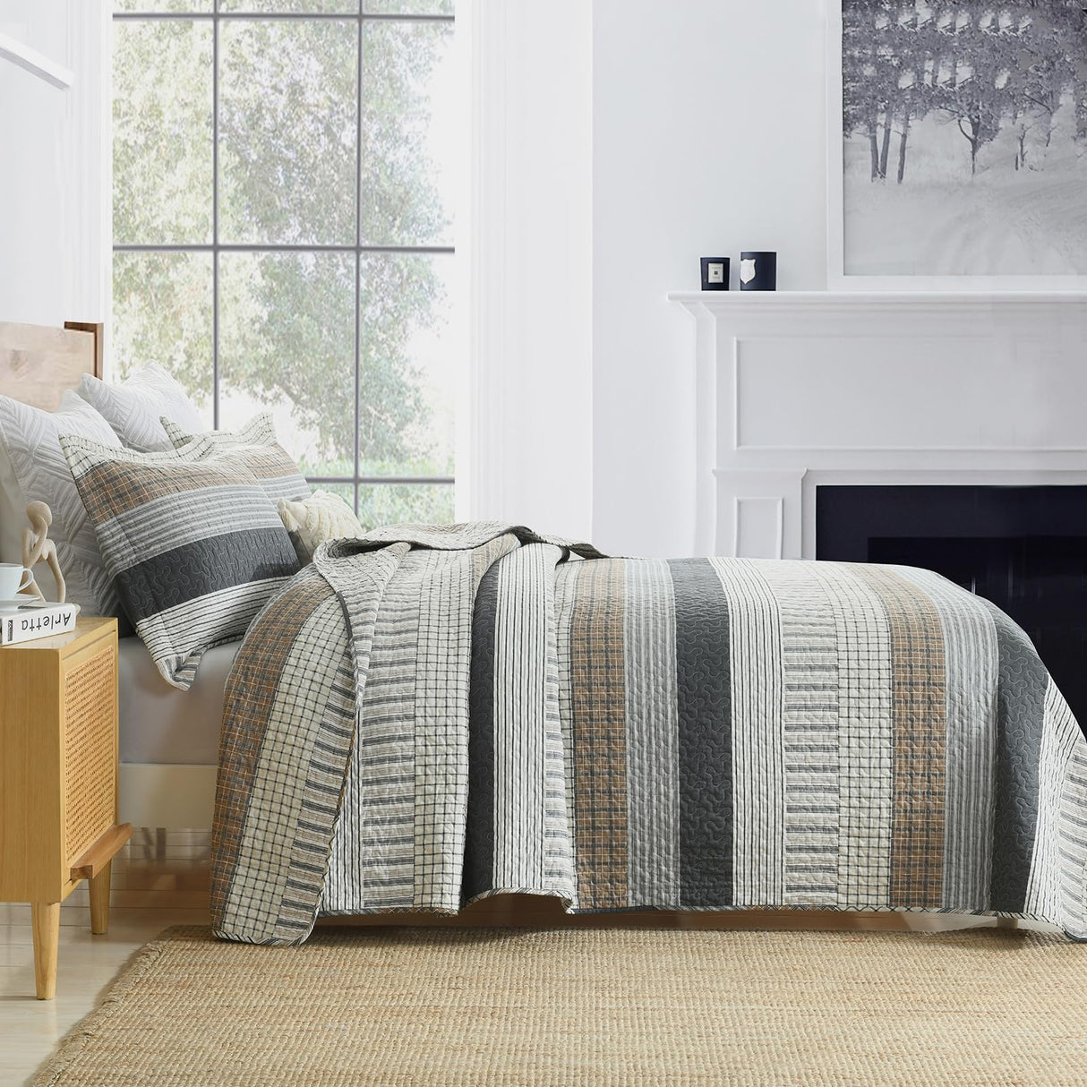 Y-PLWOMEN Quilts Queen Size 100% Cotton Queen Quilt, 3 Piece Striped Quilt Sets, Farmhouse Bedspread Lightweight Comforter Cozy Bedding Set for All Season Y-PLWOMEN