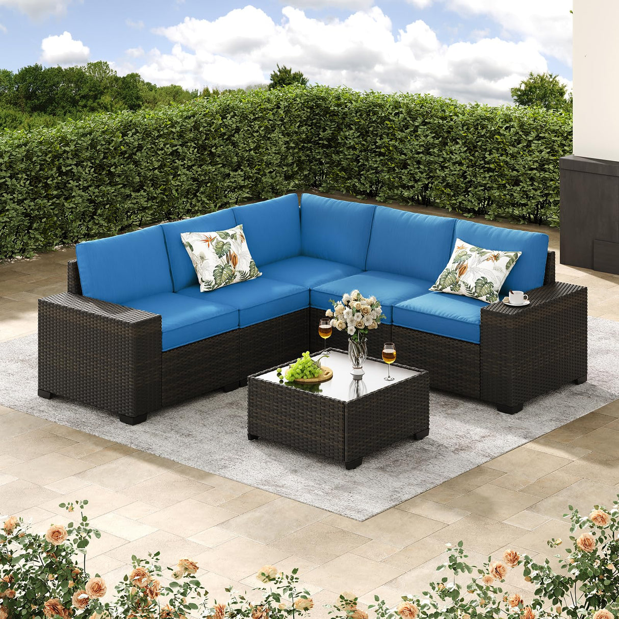 Jing's Villa 6-Piece Patio Furniture Set, All-Weather Outdoor Wicker Sectional Sofa with Cushions,Glass Table & Left and Right Armrest, Rattan Conversation Seating for Porch, Backyard,Peacock Blue Jing's Villa