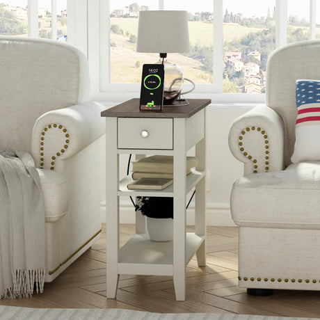 ChooChoo Farmhouse End Table with Charging Station, Narrow Side Table Living Room with USB Ports & Power Outlets and Hidden Drawer,White and Brown ChooChoo