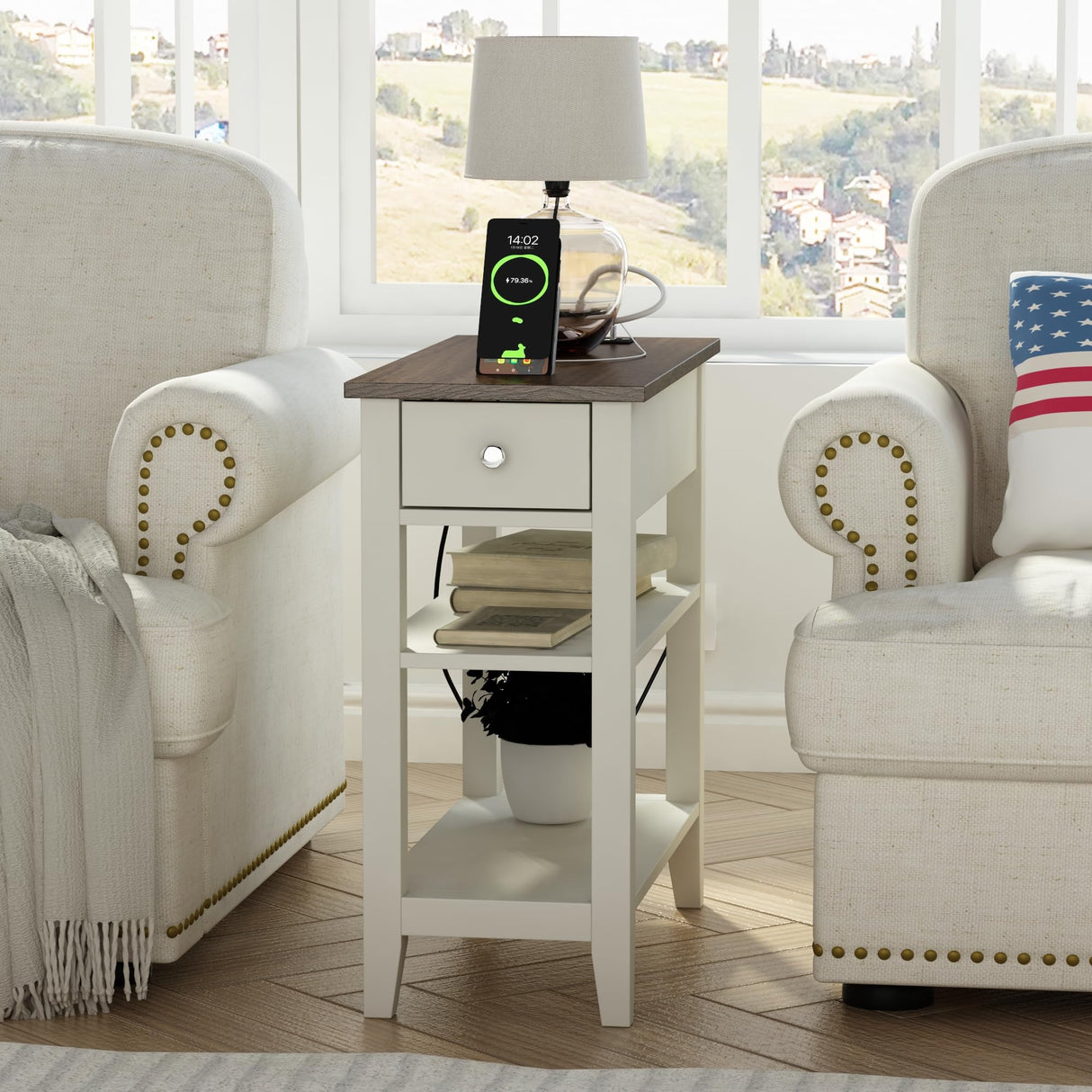 ChooChoo Farmhouse end Table Living Room Set of 2, Sofa Side Table Living Room with Charging Station,Narrow Night Stand with USB Ports & Power Outlets and Hidden Drawer ChooChoo