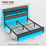 ZENBEDING LED King Size Bed Frame and 2-Tier Headboard, Metal Platform Bed Frame with Storage, Mesh King Bedframe with Charging Station, Easy Assembly and No Box Spring Needed (Rustic Brown) ZENBEDING