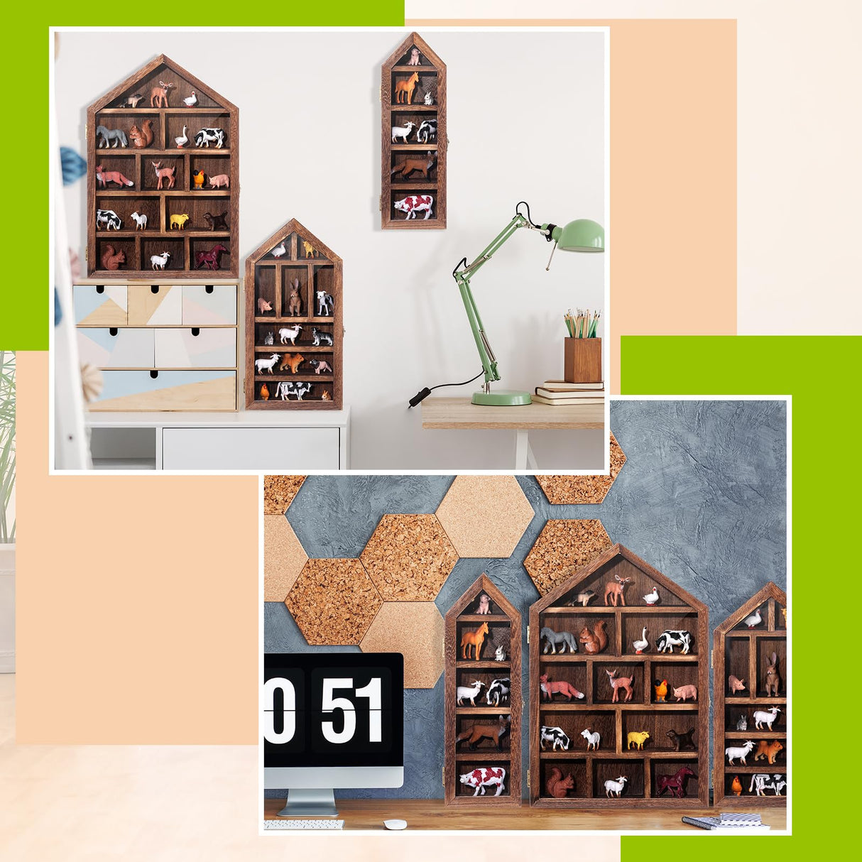 DoubleFill Set of 3 Shadow Cubby Boxes Wooden Display Shelf 10 x 15 Inch Large Wall Mounted Display Storage Shelves for Mini Figures Curio Trinket Medals Crafts Collections(Brown,House Shape) DoubleFill