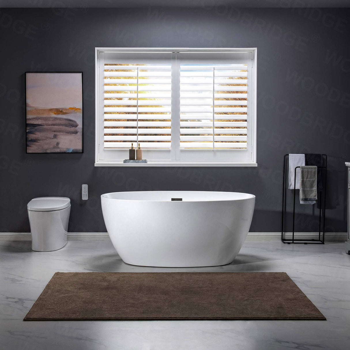 WOODBRIDGE 55" Acrylic Freestanding Bathtub Contemporary Soaking White Tub with Matte Black Overflow and Drain,B1418 -MB-Drain &O WOODBRIDGE