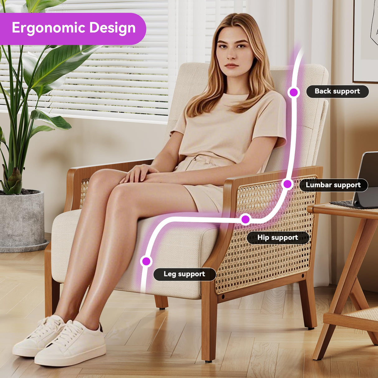 Aklaus Mid Century Accent Chair with Rattan Armrest, Upholstered Living Room Chairs Lounge Fabric Reading Chairs Side Sitting Farmhouse Chair for Living Room, Bedroom, Balcony, Beige Aklaus