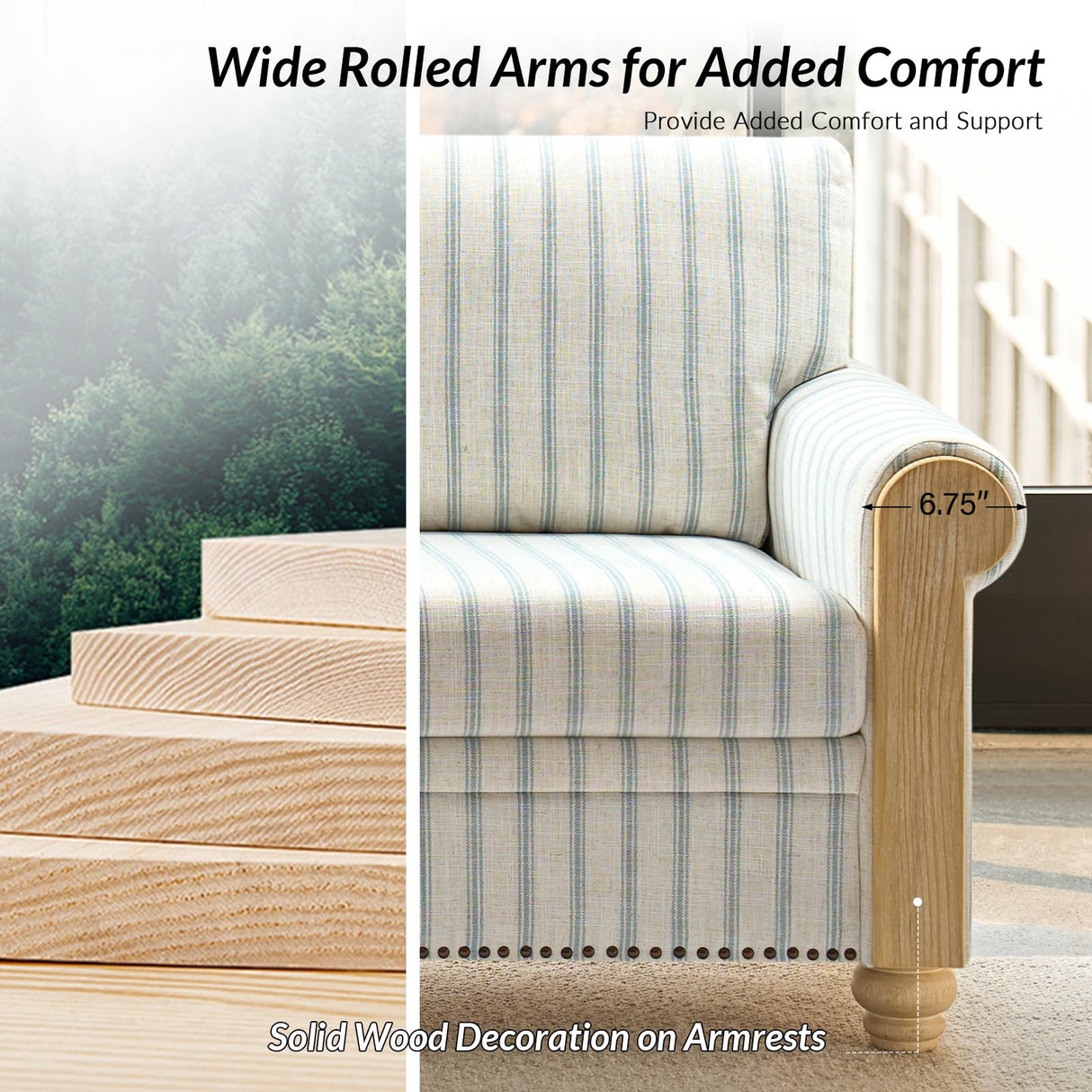 HULALA HOME 81" Farmhouse Couch with Stripe Pattern, 3 Seater Sofa with Solid Wood Legs and Rolled Wide Armrests, Comfy Upholstered Sofa with Nailhead Trims, FSC Certified, Blue HULALA HOME