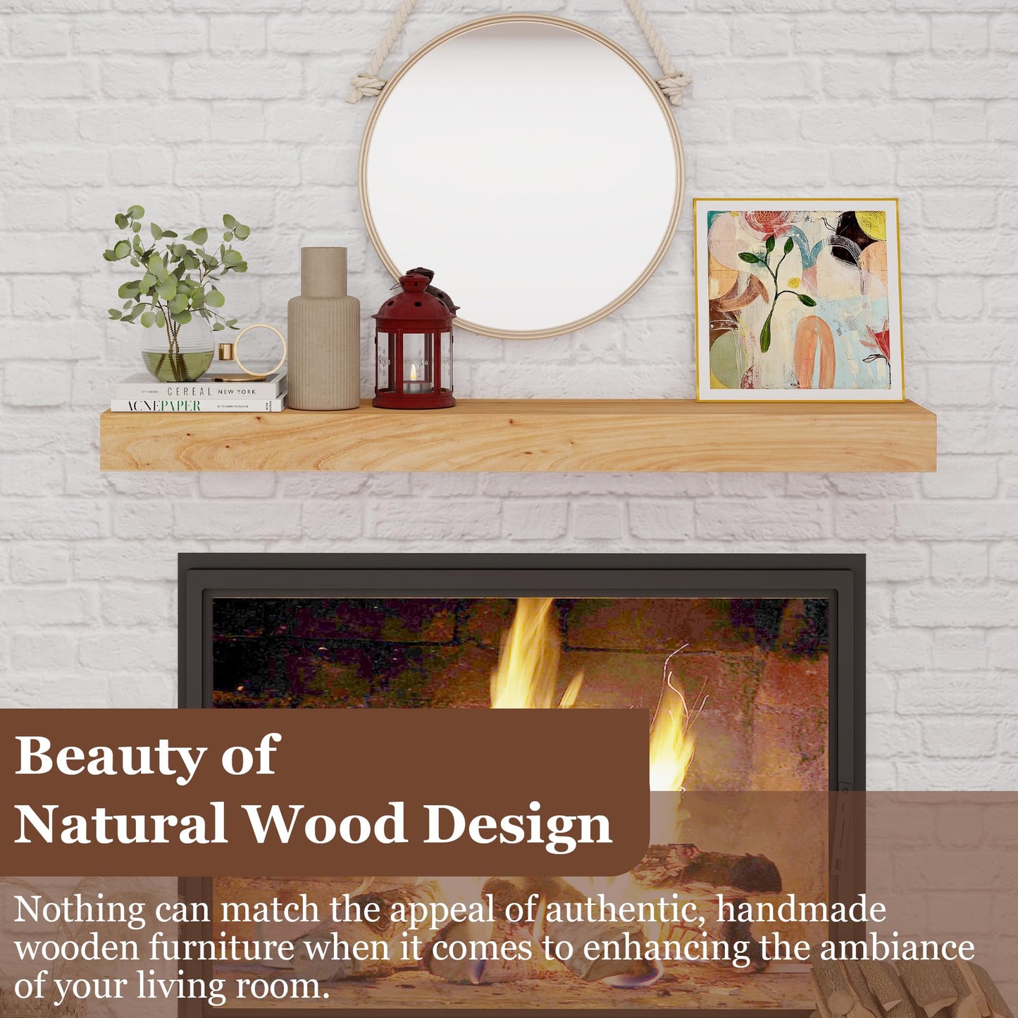 Axeman Fireplace Mantel | 48" W Elm Wood Floating Shelves | Handcrafted Hollow Distressed Beam | Wall Mounted Wooden Display Shelfing | with Invisible Heavy Duty Bracket | 48W x 3H x 8D