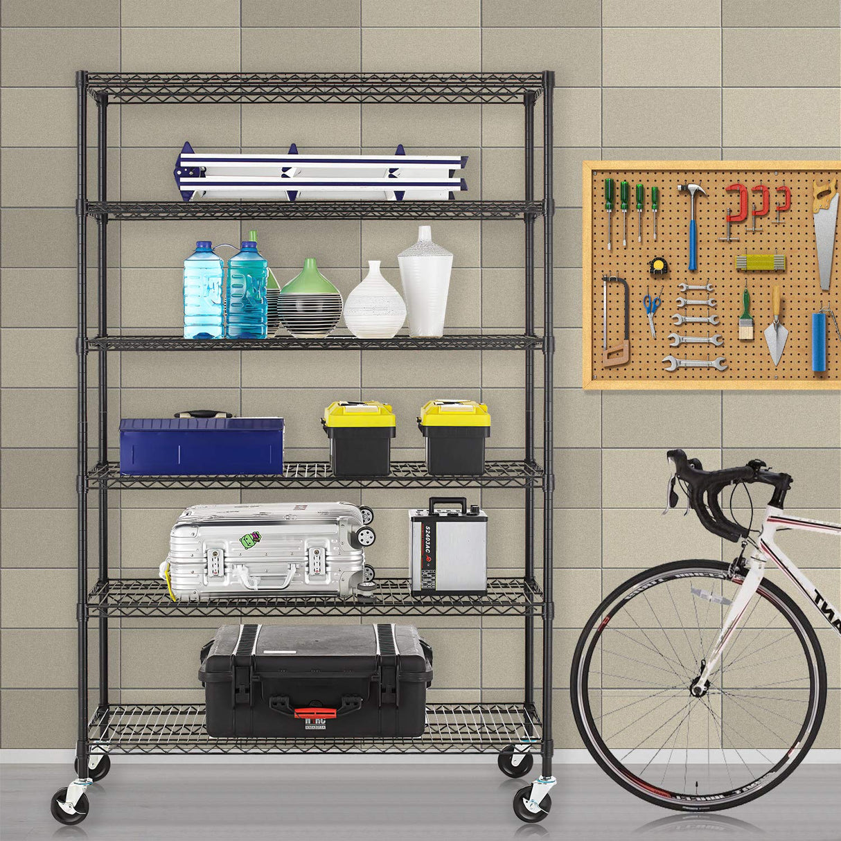 FDW 48" L×18" W×76" H Wire Shelving Unit Metal Shelf with 6 Tier Casters Adjustable Layer Rack Strong Steel for Restaurant Garage Pantry Kitchen Garage,Black FDW