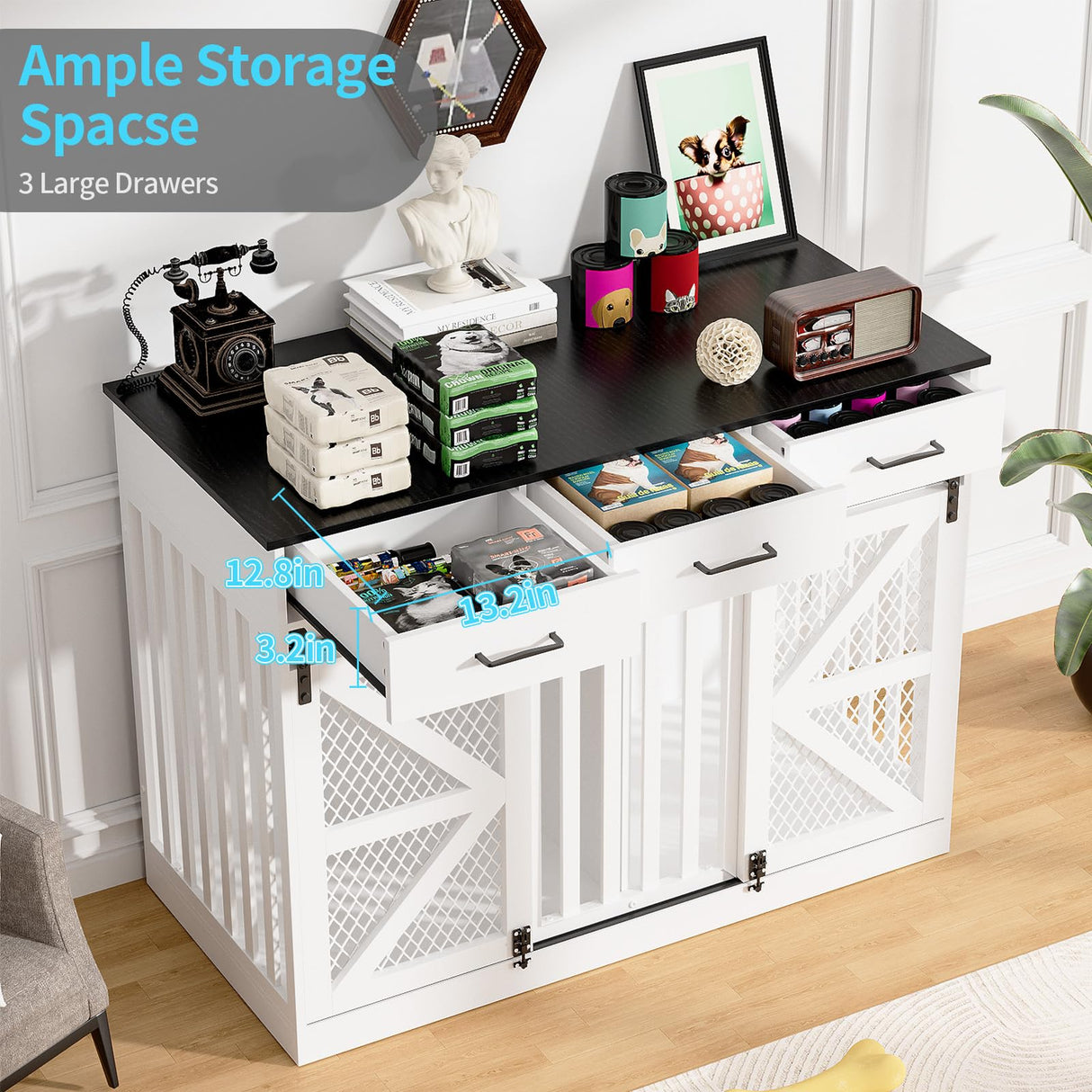 kepptory 48'' Dog Crate Furniture with Divider&Storage Drawers, Wooden Double Dog Kennel Furniture End Table with Sliding Barn Doors, White Double Dog Crate TV Stand kepptory
