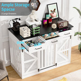 kepptory 48'' Dog Crate Furniture with Divider&Storage Drawers, Wooden Double Dog Kennel Furniture End Table with Sliding Barn Doors, White Double Dog Crate TV Stand kepptory