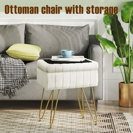 Greenstell Vanity Stool Chair Faux Fur with Storage, 15.7"L x 11.8"W x 19.4"H Soft Ottoman 4 Metal Legs with Anti-Slip Feet, Furry Padded Seat, Modern Multifunctional Chairs for Makeup, Bedroom White GREENSTELL