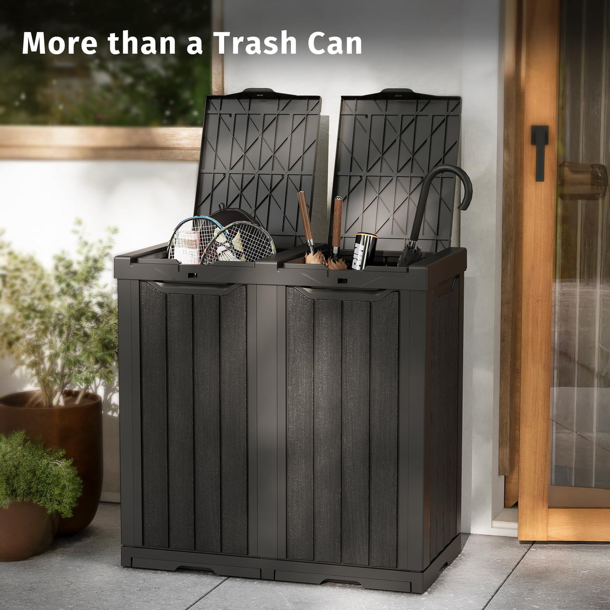 EAST OAK 62 Gallon Outdoor Trash Can | Waterproof Resin Garbage Can with Recycle and Garbage Labels | Secure Bag Lip Lock and Drip Tray | Outside Trash Bin for Patio | Kitchen, Backyard or Deck | Gray EAST OAK
