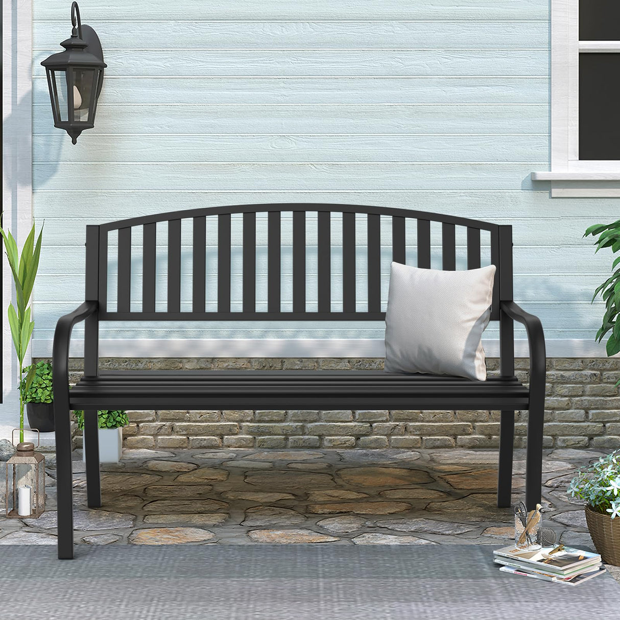 Maemttes Outdoor Bench Garden Bench, Weatherproof Anti-Rust Heavy-Duty Outside Benches Clearance, Wrought Iron Metal Bench for Front Porch, Patio, Park Maemttes