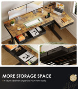 OffiGo 63 Inch L Shaped Electric Standing Desk with Drawers, Height Adjustable Large Desk with Power Outlets, Sit Stand Table, Writing Computer Desk for Home, Office, Workstation, Rustic Brown OffiGo