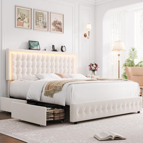 HIFIT Upholstered Full Size LED Bed Frame with Charging Station and 4 Large Storage Drawer, Velvet Button Tufted Full Platform Bed with Adjustable Headboard, No Box Spring Needed, Easy Assembly, Beige HIFIT