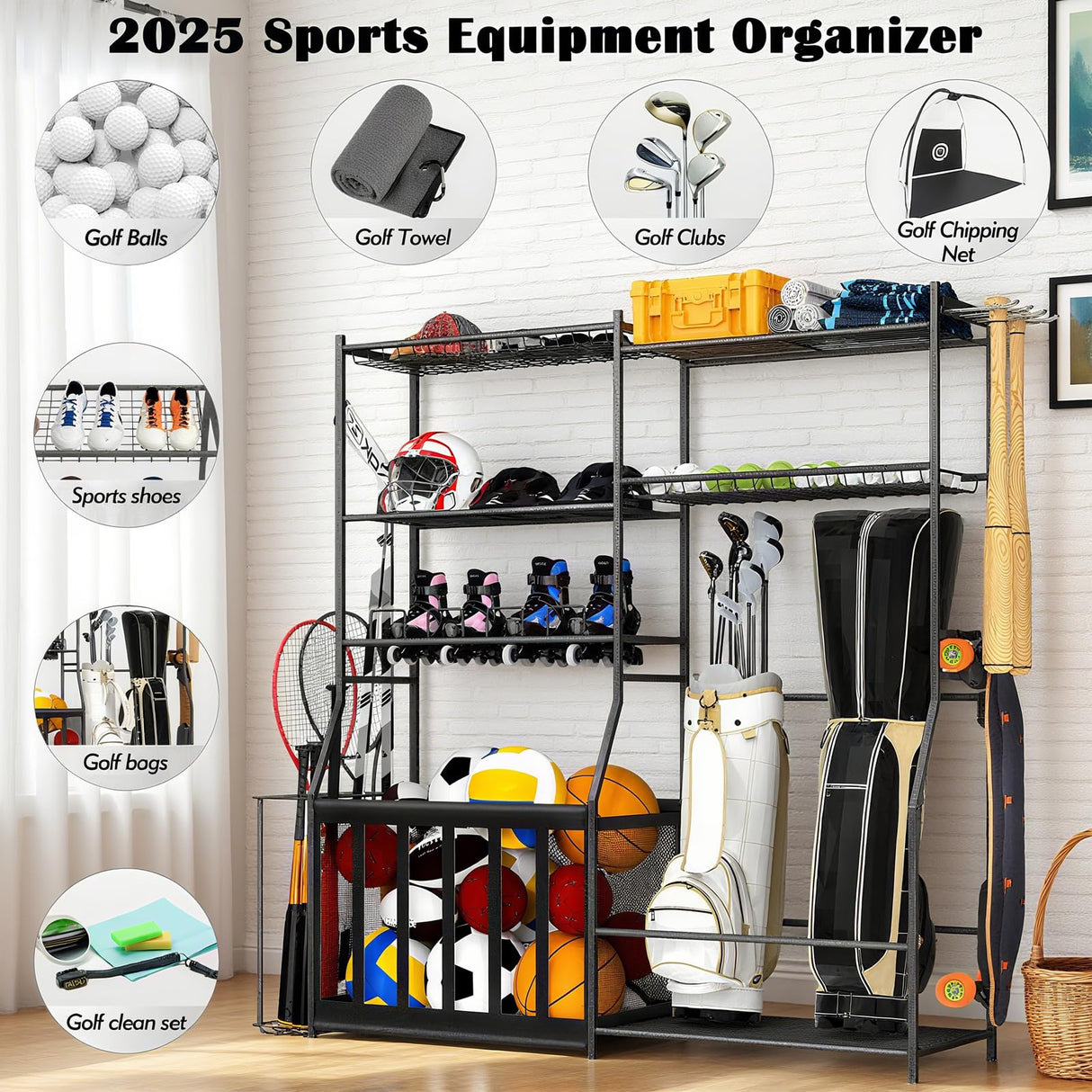 Garage Sports Equipment Organizer with Golf Bag Stand, Balls Storage Rack, and Toy Organizer – Durable Indoor/Outdoor Multi-Use Rack for Kids' Gear and Seasonal Items SPIDERCAMP