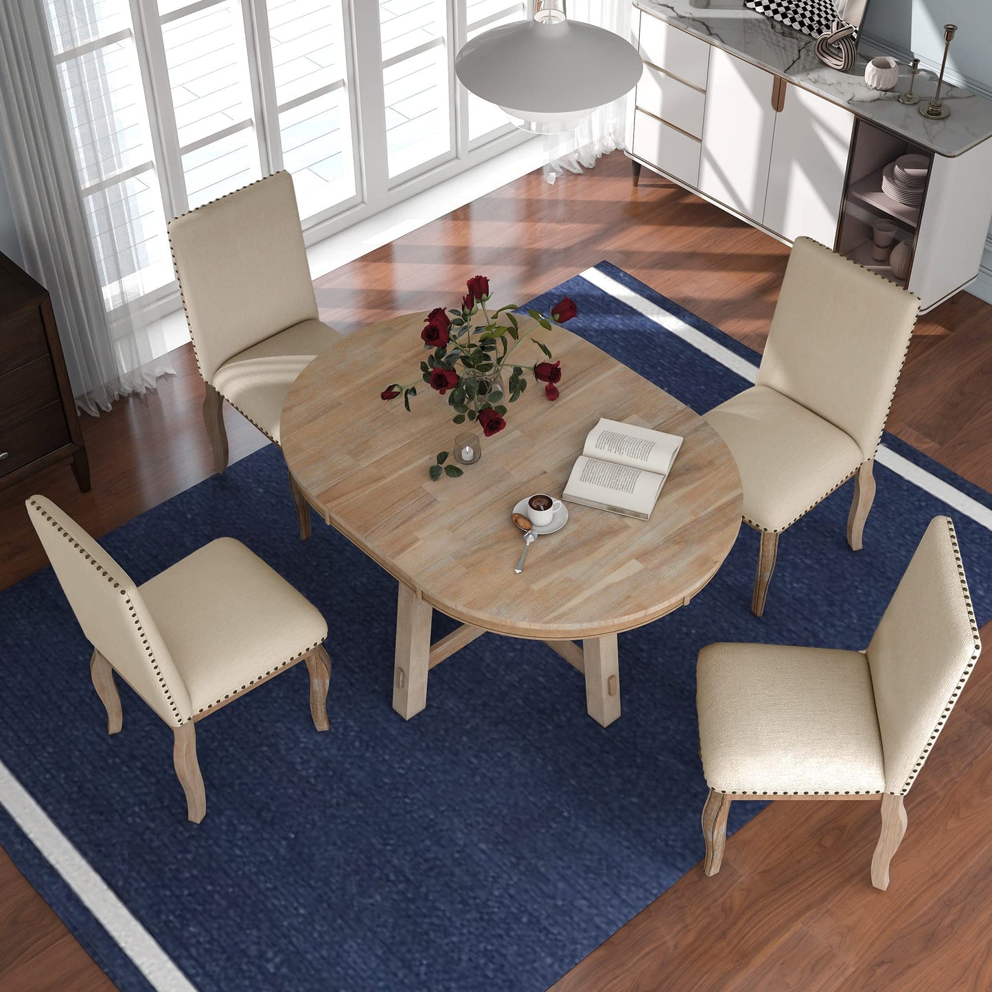 Harper & Bright Designs 5-Piece Farmhouse Dining Table Set Wood Round Extendable Dining Table and 4 Upholstered Dining Chairs (Natural Wood Wash)