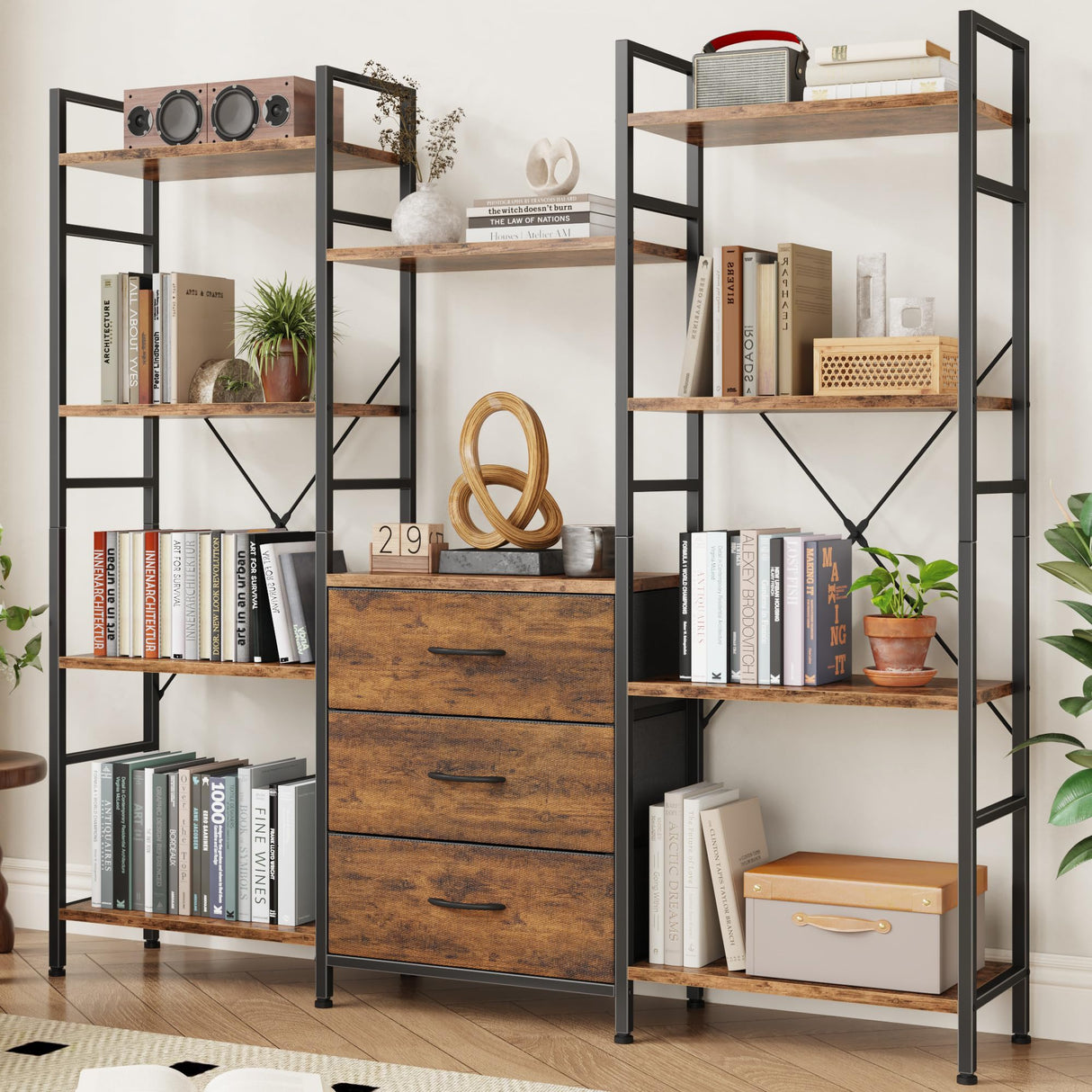 AFLUI Triple Bookshelf with 3 Fabric Drawers, 4-Tier Book Shelf and 10 Display Shelves, Industrial Large Bookcase for Home & Office, Rustic Brown, 59'' Wide AFLUI