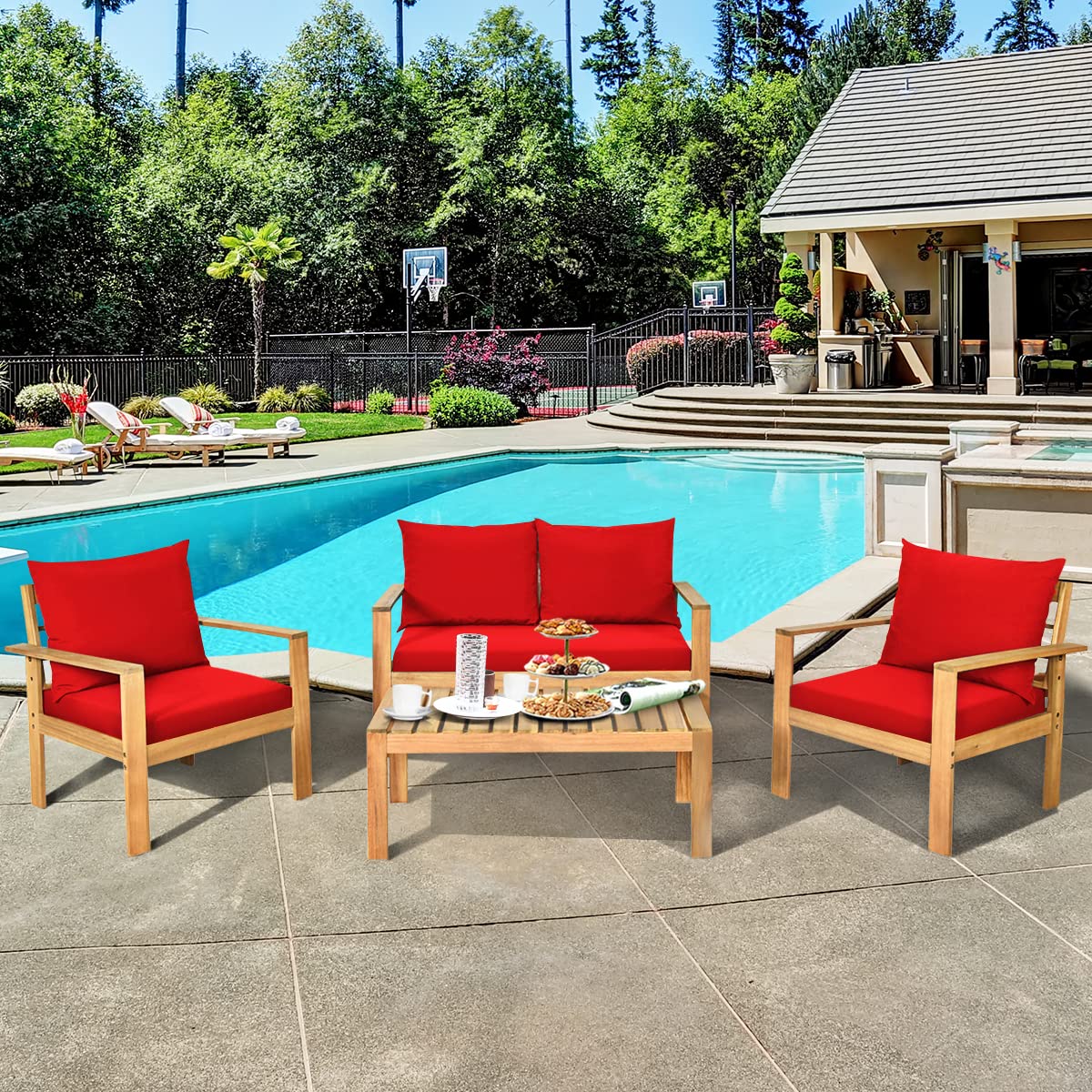 COSTWAY 4 Pieces Outdoor Acacia Wood Sofa Set, Outdoor Conversation Sofa Set with Table & Cushions Porch Chairs for Garden, Patio, Deck - WoodArtSupply