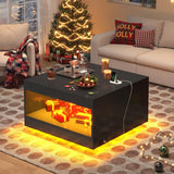Black Coffee Table with Open Storage, Square Wood Coffee Table with LED Lights and Charging Station, Stylish Living Room Table, Modern Center Table for Living Room, Bedroom, Office Gacfiew