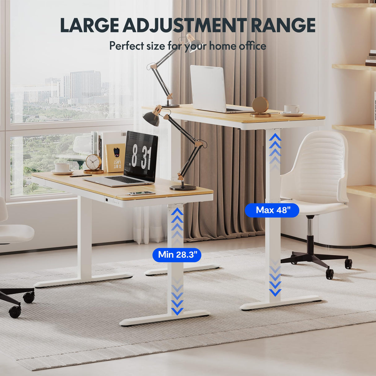 FLEXISPOT Comhar Electric Standing Desk with Drawers Charging USB Port, Height Adjustable 48" Whole-Piece Quick Install Home Office Computer Laptop Table with Storage (Maple Top + White Frame) FLEXISPOT