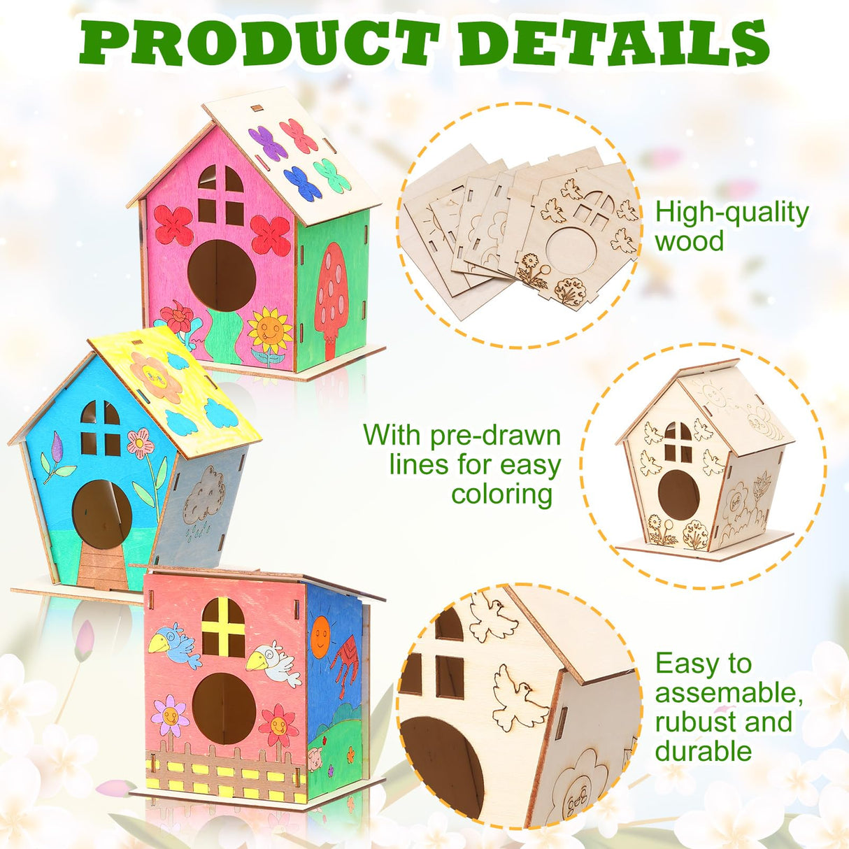 Qunclay 18pcs DIY Birdhouse Kit to Build and Paint Unfinished Wooden Bird House Wood Arts Craft with Colorful Painting Pens DIY Craft Project Kits for Spring Summer Party Favors Qunclay