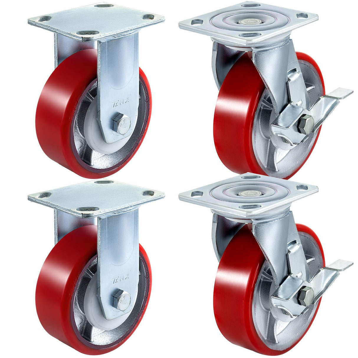 VEVOR Caster Wheels Set of 4, 6" Heavy Duty Casters (2 Rigid and 2 Swivel Casters with Side Brake) Polyurethane Iron Core Plate 4000LBS Capacity VEVOR