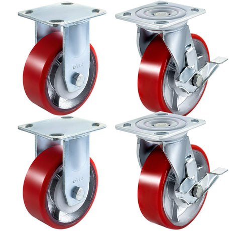 VEVOR Caster Wheels Set of 4, 6" Heavy Duty Casters (2 Rigid and 2 Swivel Casters with Side Brake) Polyurethane Iron Core Plate 4000LBS Capacity VEVOR