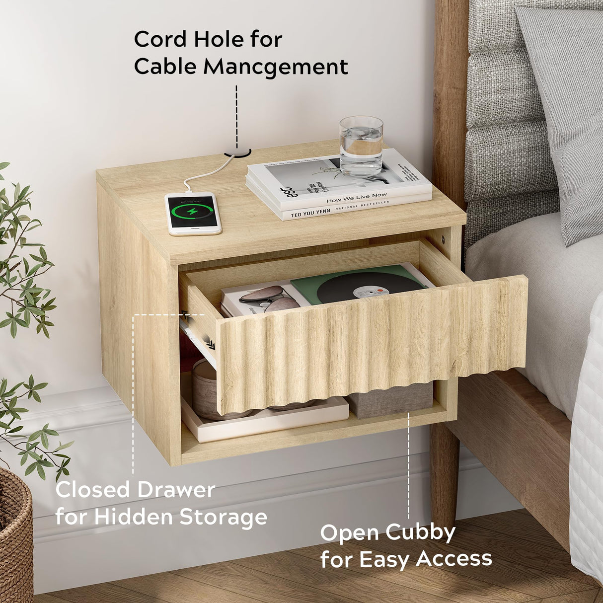 EYYTHUNG Floating Nightstand Set of 2 with Drawer, Fluted Modern Night Stand with Fluted Door and Open Storage Shelf Wall Mounted Bedside Table for Bedroom, Entryway Light Oak EYYTHUNG