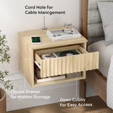 EYYTHUNG Floating Nightstand Set of 2 with Drawer, Fluted Modern Night Stand with Fluted Door and Open Storage Shelf Wall Mounted Bedside Table for Bedroom, Entryway Light Oak EYYTHUNG