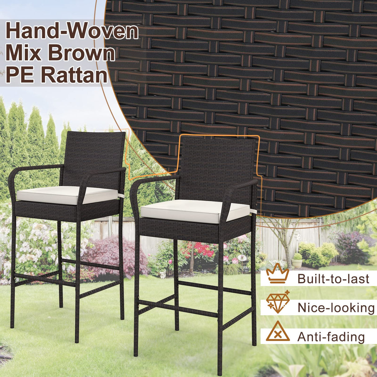 Tangkula Patio Wicker Barstools Set of 4, Outdoor PE Rattan Bar Chairs with Armrests & Soft Cushions, Stable Metal Frame, 400 lbs Max Load, Mix Brown PE Wicker Bar Chairs for Porch (2, Off White) Tangkula