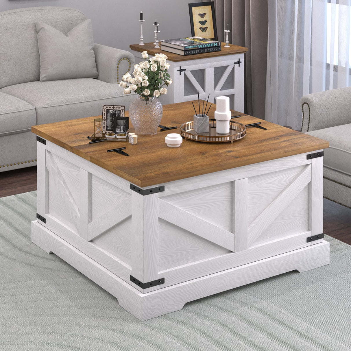 REVOMINCA Farmhouse Coffee Table with Hidden Storage Compartment, White Square Coffee Table for Living Room, Wood Center Table with Hinged Lifting Tabletop for Home REVOMINCA
