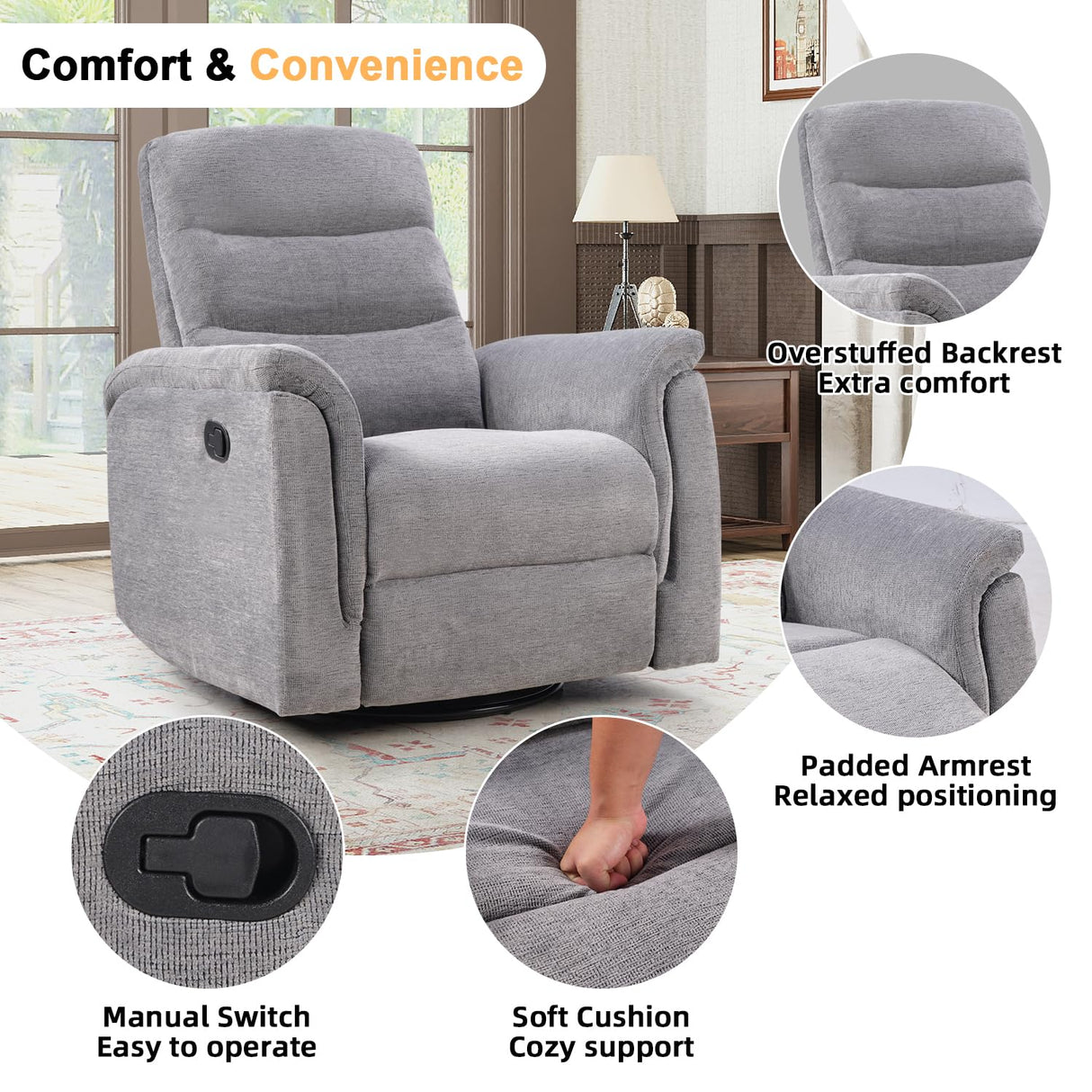 INZOY Swivel Rocker Recliner, Nursery Glider Chair, Manual Chairs Swivel Glider Recliners with Soft Backrest, Fabric Manual Reclining Sofa for Living Room Bedroom Apartment, Grey INZOY