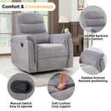 INZOY Swivel Rocker Recliner, Nursery Glider Chair, Manual Chairs Swivel Glider Recliners with Soft Backrest, Fabric Manual Reclining Sofa for Living Room Bedroom Apartment, Grey INZOY