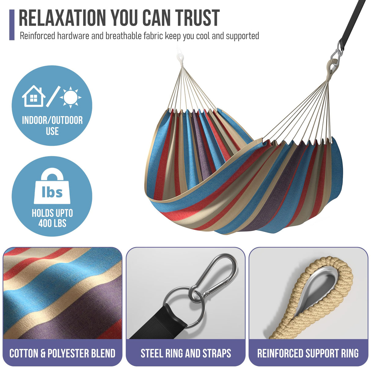 Sorbus® Brazilian Double Hammock - Extra-Long Two Person Portable Hammock Bed for Indoor or Outdoor Spaces - Hanging Rope, Carrying Pouch Included (Blue/Sand/Purple/Red Stripes) Sorbus