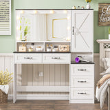 DDONGMM Farmhouse Vanity Desk Makeup Table with Mirror and 10 Lights, 45.3" Large Vanity Desk with Power Outlet, 5 Drawers, 1 Cabinet & 9 Jewelry Hooks, Dressing Table for Women Girls White & Black DDONGMM