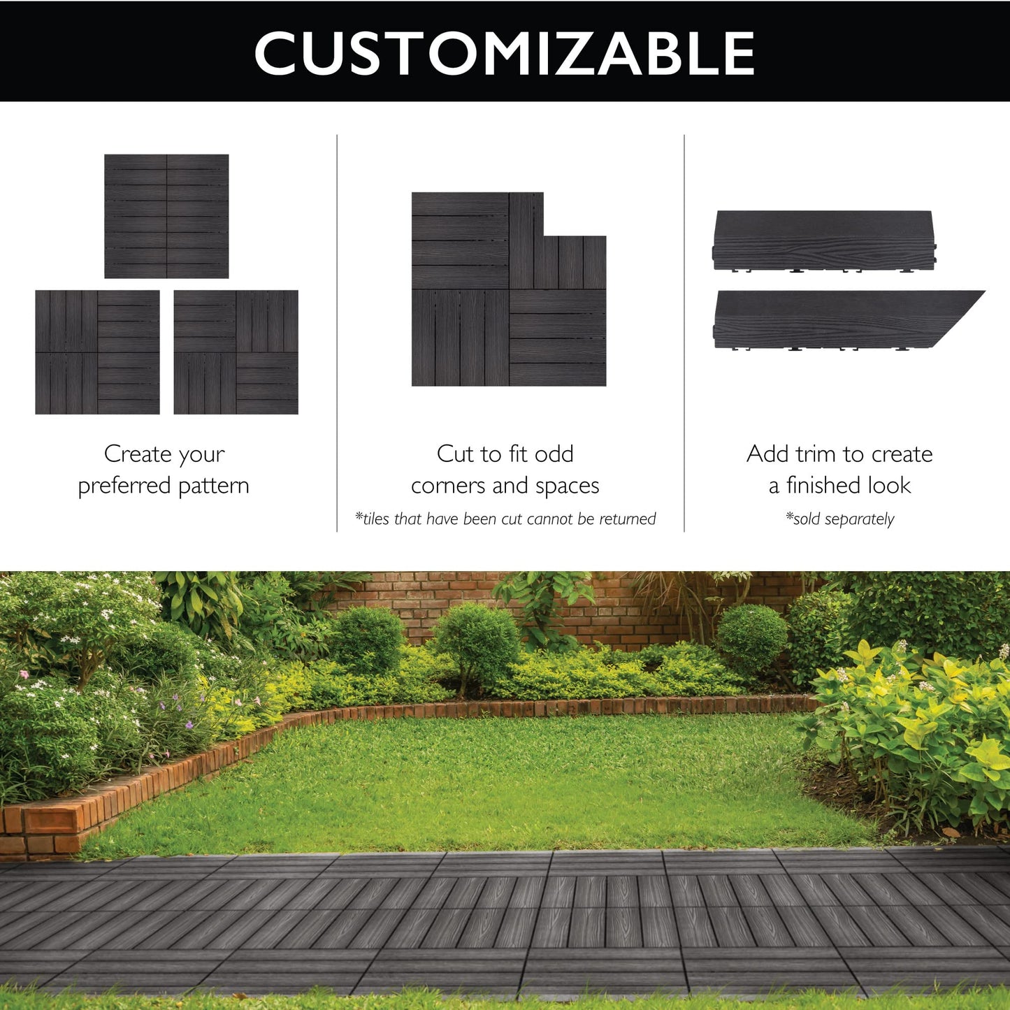 Design House Square Deck Tiles, Interlocking Wood Composite Decking, 1000lb Weight Capacity, Waterproof and UV Protected, Modern Ebony Black, 12-Inch by 12-Inch, 6-Pack